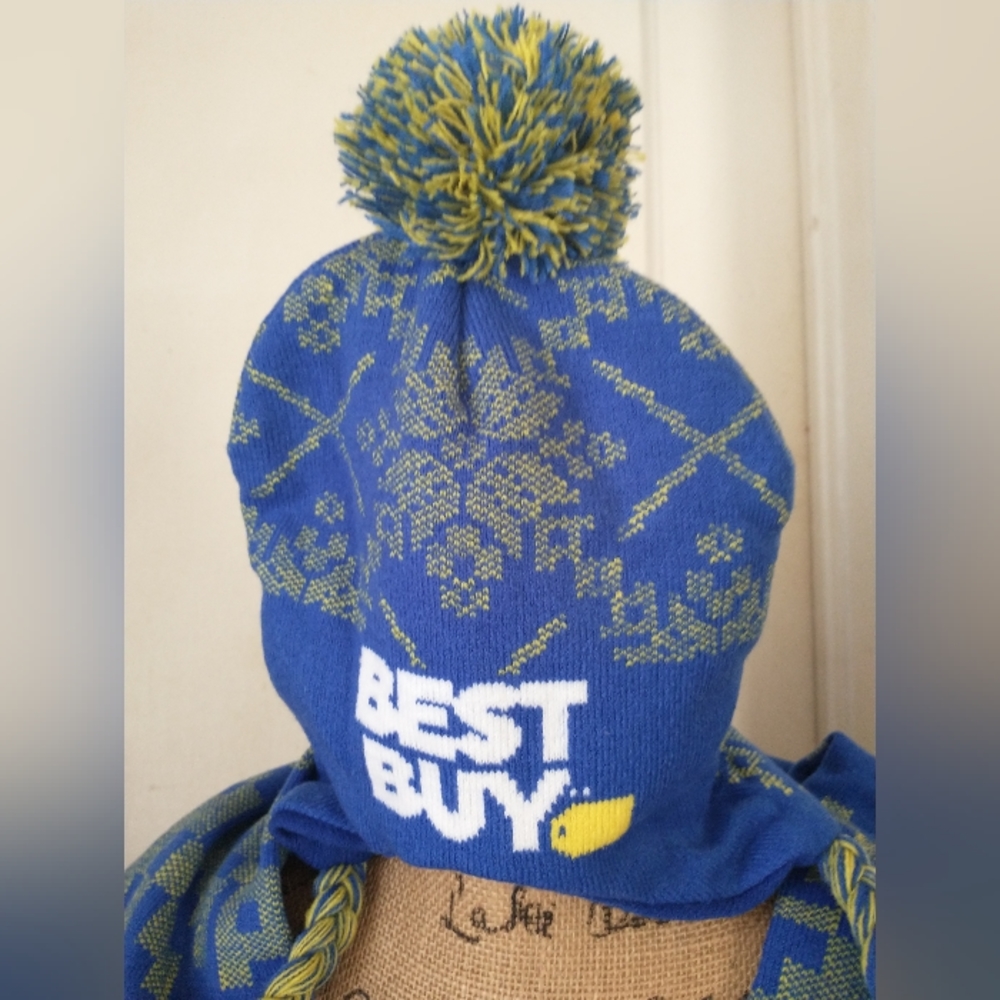 Knit Scarf and Pom Pom Beanie BEST BUY BRANDED Blue & Yellow - Picture 3 of 11